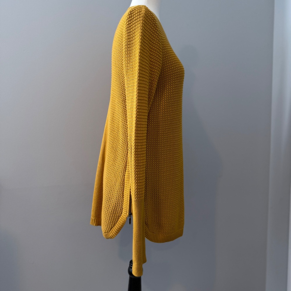 Mustard Yellow Textured Knit Crew Neck Long Sleeve Zipper Detail Sweater Top S - Picture 14 of 15